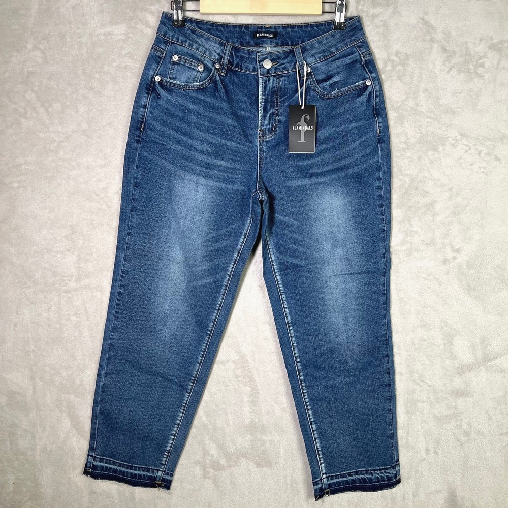 Flamingals Mid Rise Cropped Straight Leg Jeans Womens Medium 30 Blue Raw Hem NWT